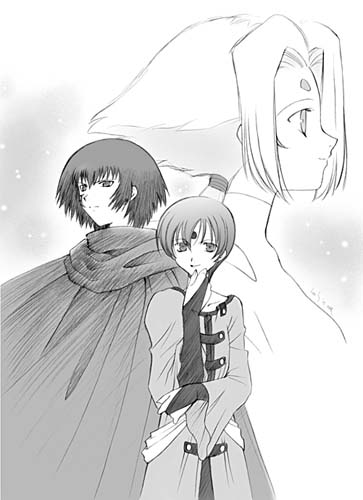 1boy 2girls bad_id cape closed_mouth coat commentary_request cowboy_shot fiona_(zoids) greyscale lea_sakura long_sleeves looking_at_viewer lowres milestone_celebration monochrome multiple_girls raven_(zoids) ryss short_hair smile zoids