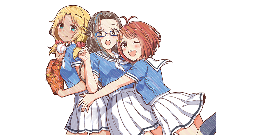 3girls ;d antenna_hair ball baseball_(object) baseball_glove black_hair black_socks blue-framed_eyewear blue_hair blue_shirt cinderella_series closed_mouth hachigatsu_no_cinderella_nine hair_ornament hair_scrunchie hairclip hanako_(akatsuki) holding holding_ball hug long_hair looking_at_viewer multicolored_hair multiple_girls neckerchief non-web_source official_art ogawa_mimai one_eye_closed open_mouth orange_hair pleated_skirt rectangular_eyewear red_scrunchie saihara_riho sailor_collar school_uniform scrunchie serafuku shirt short_hair short_sleeves simple_background skirt smile socks standing suzumura_asuha two-tone_hair white_background white_neckerchief white_sailor_collar white_skirt