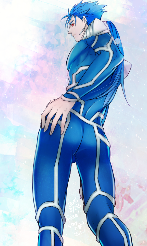 1boy ass blue_background blue_hair bodysuit bulge cu_chulainn_(fate) cu_chulainn_(fate/stay_night) earrings fate/stay_night fate_(series) hand_on_own_hip jewelry jun_(ash) long_hair looking_at_viewer looking_back male_focus pink_background ponytail red_eyes shoulder_pads solo