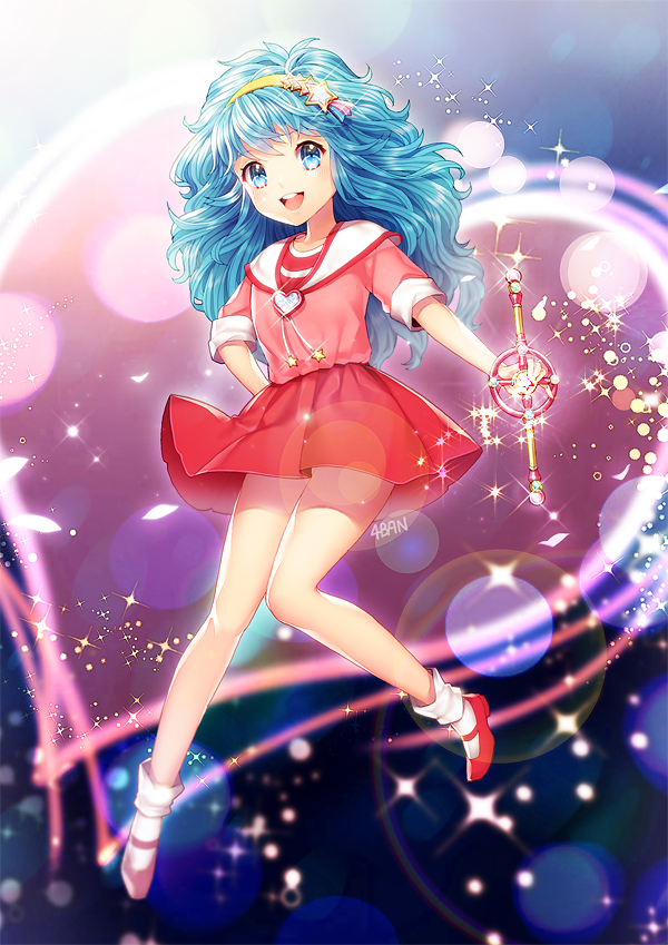 1girl :d artist_name blue_eyes blue_hair female_focus hairband hand_on_own_hip heart long_hair magical_girl mahou_no_yousei_persia mary_janes matching_hair/eyes open_mouth persia_(mahou_no_yousei_persia) pink_shirt saban shirt shoes skirt sleeves_rolled_up smile socks solo sparkle star_(symbol) wand
