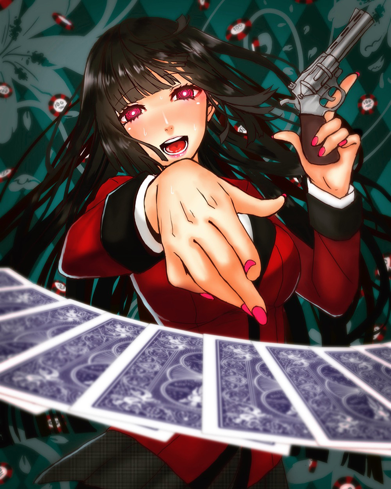 1girl black_hair breasts card crazy gun holding holding_gun holding_weapon jabami_yumeko kakegurui large_breasts monotsuki nail_polish open_mouth playing_card poker_chip sweatdrop weapon