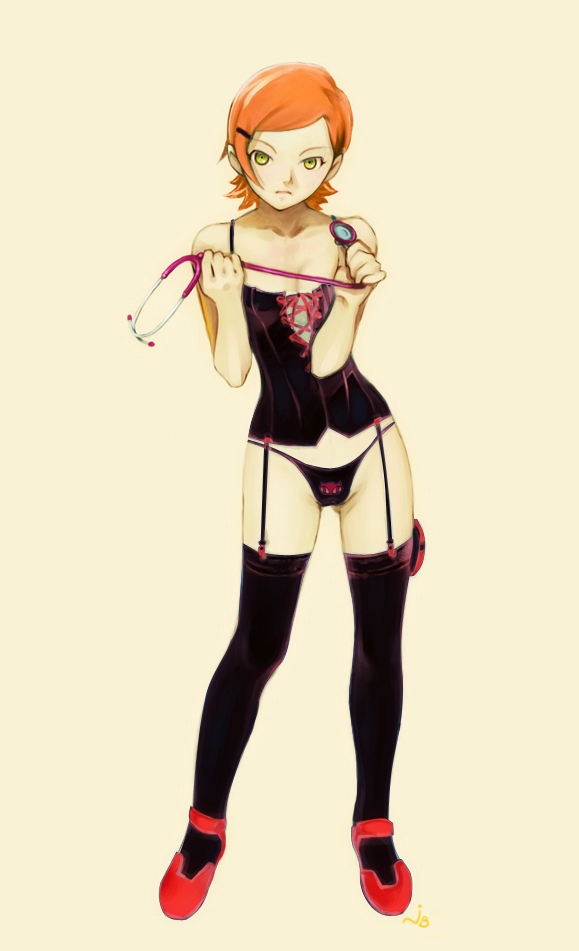 1girl bare_shoulders ben_10 breasts cleavage corset doctor female_focus garter_belt garters green_eyes gwen_tennyson high_heels kobayashi_yuji nurse orange_hair panties shoes short_hair simple_background solo standing stethoscope thighhighs third-party_edit underwear