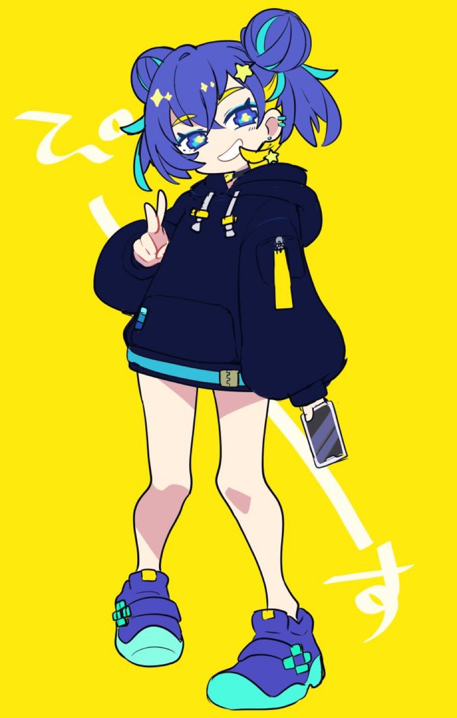 1girl aqua_hair blonde_hair blue_eyes blue_hair blue_hoodie blue_shoes cellphone double_bun ear_piercing earrings eyelashes full_body hair_bun hair_ornament highres holding holding_phone hood hood_down hoodie jewelry multicolored_hair mzh original phone piercing pixel_eyes shoes short_hair simple_background smartphone smile solo standing star_(symbol) star_earrings star_hair_ornament v yellow_background