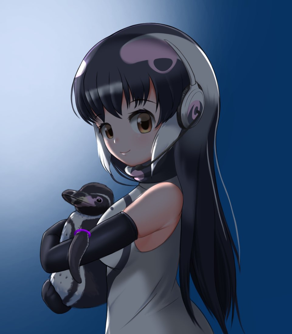 1girl african_penguin_(kemono_friends) bird black_hair brown_eyes elbow_gloves gloves grape-kun headphones hood hoodie kemono_friends kemono_friends_v_project long_hair looking_at_viewer looking_back microphone penguin penguin_girl purple_hair simple_background sleeveless straight_hair universe_hululu virtual_youtuber white_hair