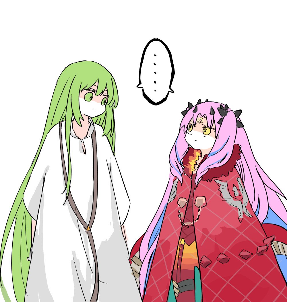 ... 1boy 1girl blue_hair cloak colored_inner_hair commentary_request crescent crescent_facial_mark enkidu_(fate) facial_mark fate/grand_order fate_(series) forehead_mark fur-trimmed_cloak fur_trim green_eyes green_hair himeko_(nico6v6pachi) ishtar_(fate) long_hair multicolored_hair pink_hair red_cloak robe shared_speech_bubble space_ishtar_(fate) space_ishtar_(third_ascension)_(fate) speech_bubble spoken_ellipsis star-shaped_pupils star_(symbol) symbol-shaped_pupils two-tone_hair two_side_up very_long_hair white_robe yellow_eyes