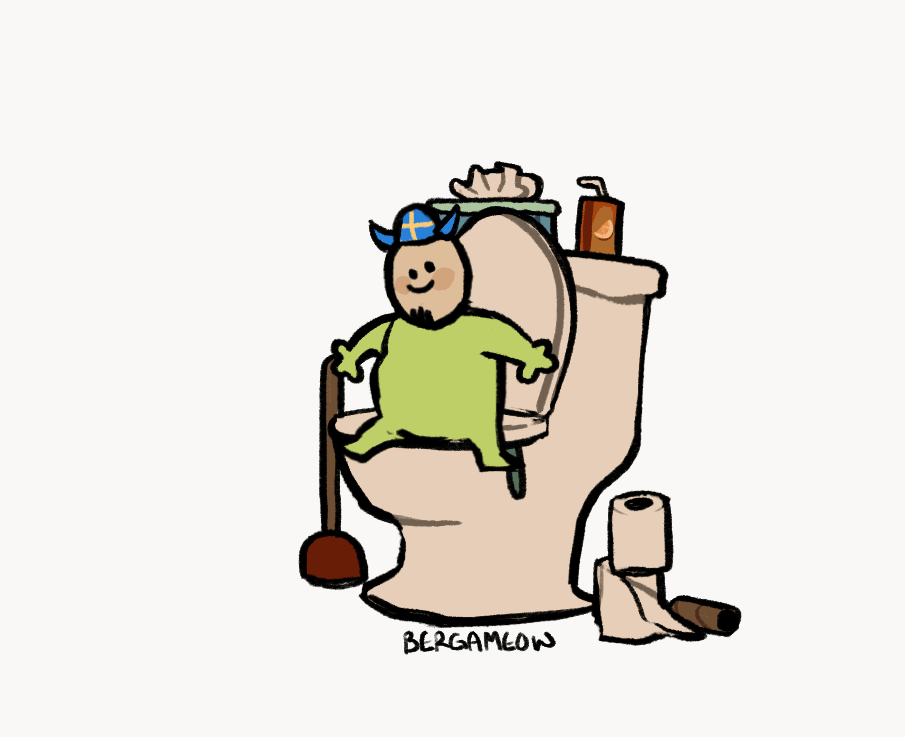 animated animated_gif artist_name beard bergameow blinking blue_helmet blush_stickers closed_mouth commentary drinking_straw explosion explosion_gag facial_hair fake_horns falling flag_print green_pants green_shirt helmet horned_helmet horns juice_box no_humans on_toilet pants plunger shirt simple_background smile swedish_flag swedish_flag_print symbol-only_commentary tissue_box toilet toilet_paper toilet_paper_tube vargfren vinesauce white_background