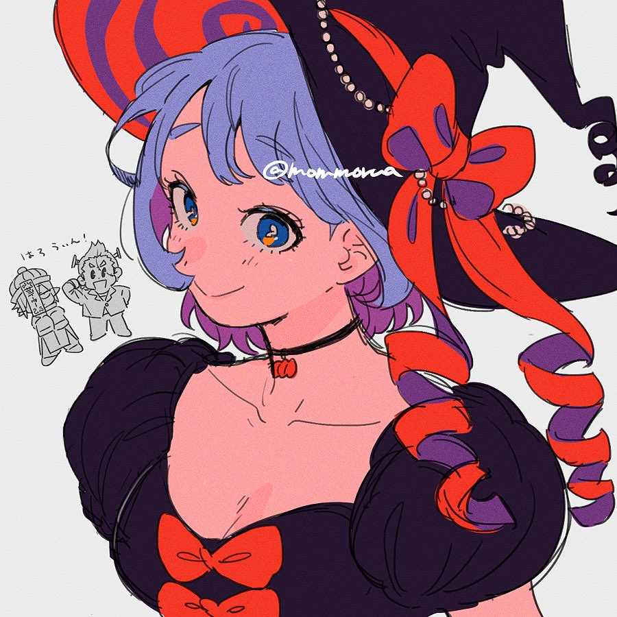 1girl 2boys :&gt; amajiki_tamaki black_choker black_dress black_hat blue_eyes blue_hair boku_no_hero_academia bow chibi chibi_inset choker dress grey_background hado_nejire hat mommorua multiple_boys red_bow red_ribbon ribbon smile solo_focus togata_mirio witch witch_hat
