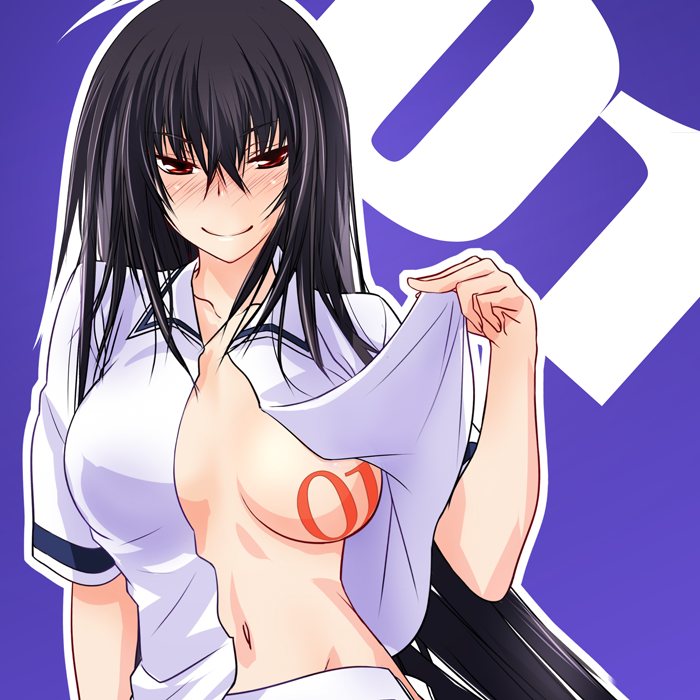 1girl black_hair blush countdown female_focus kawagishi_keitarou kawakami_momoyo long_hair looking_at_viewer maji_de_watashi_ni_koi_shinasai! navel no_bra open_clothes open_shirt open_skirt red_eyes school_uniform shirt skirt smile solo very_long_hair wagi