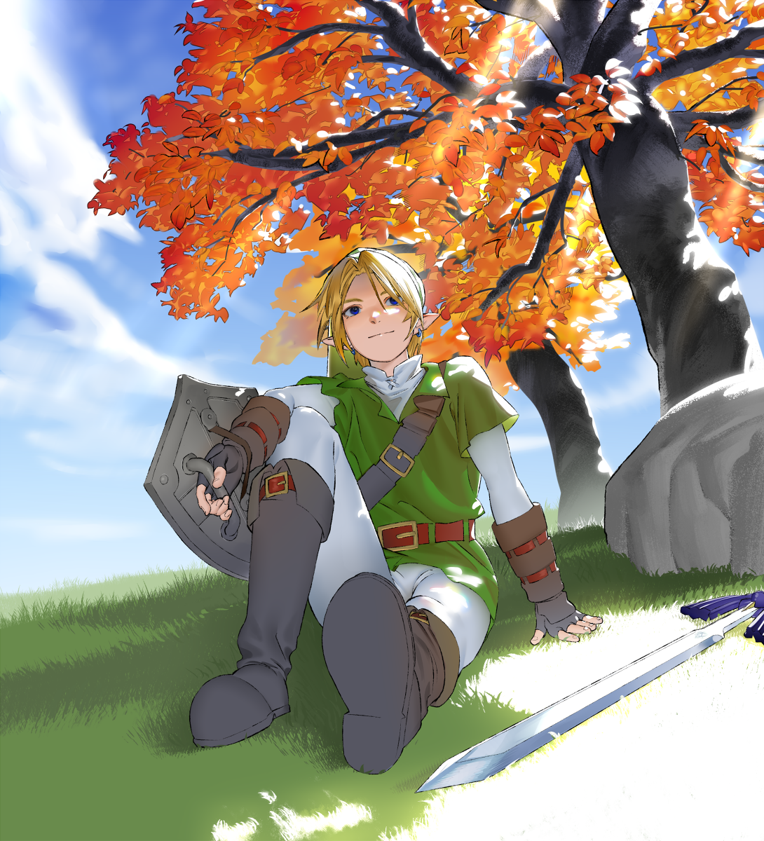 1boy autumn_leaves belt black_boots blonde_hair blue_sky boots brown_gloves closed_mouth cloud commentary_request fingerless_gloves gloves green_tunic highres holding holding_shield leaf link male_focus master_sword mi8pq nintendo on_grass outdoors pants shield sitting sky smile solo sunlight the_legend_of_zelda the_legend_of_zelda:_ocarina_of_time tree tunic white_pants