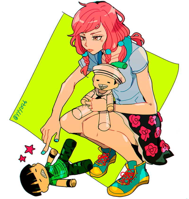 1girl :p black_hair braid character_doll doll female_focus frown hair_bobbles hair_ornament higashikata_joshu higashikata_josuke_(jojolion) hirose_yasuho jojo_no_kimyou_na_bouken jojolion multiple_tails pink_hair sailor_collar shoes simple_background skirt sneakers solo squatting tail tongue tongue_out twin_braids twitter_username white_background yyy246