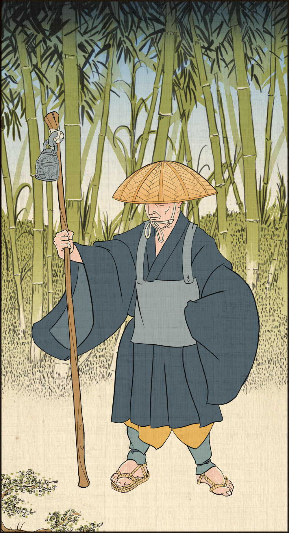 1boy bamboo bell brown_sandals chin_strap closed_mouth clothing_request commentary day english_commentary fine_art_parody frown full_body grass hat highres holding male_focus monk nihonga official_art old old_man outdoors parody roland_macdonald sandals solo staff standing toenails toes total_war total_war:_shogun_2 ukiyo-e wide_sleeves wrinkled_skin