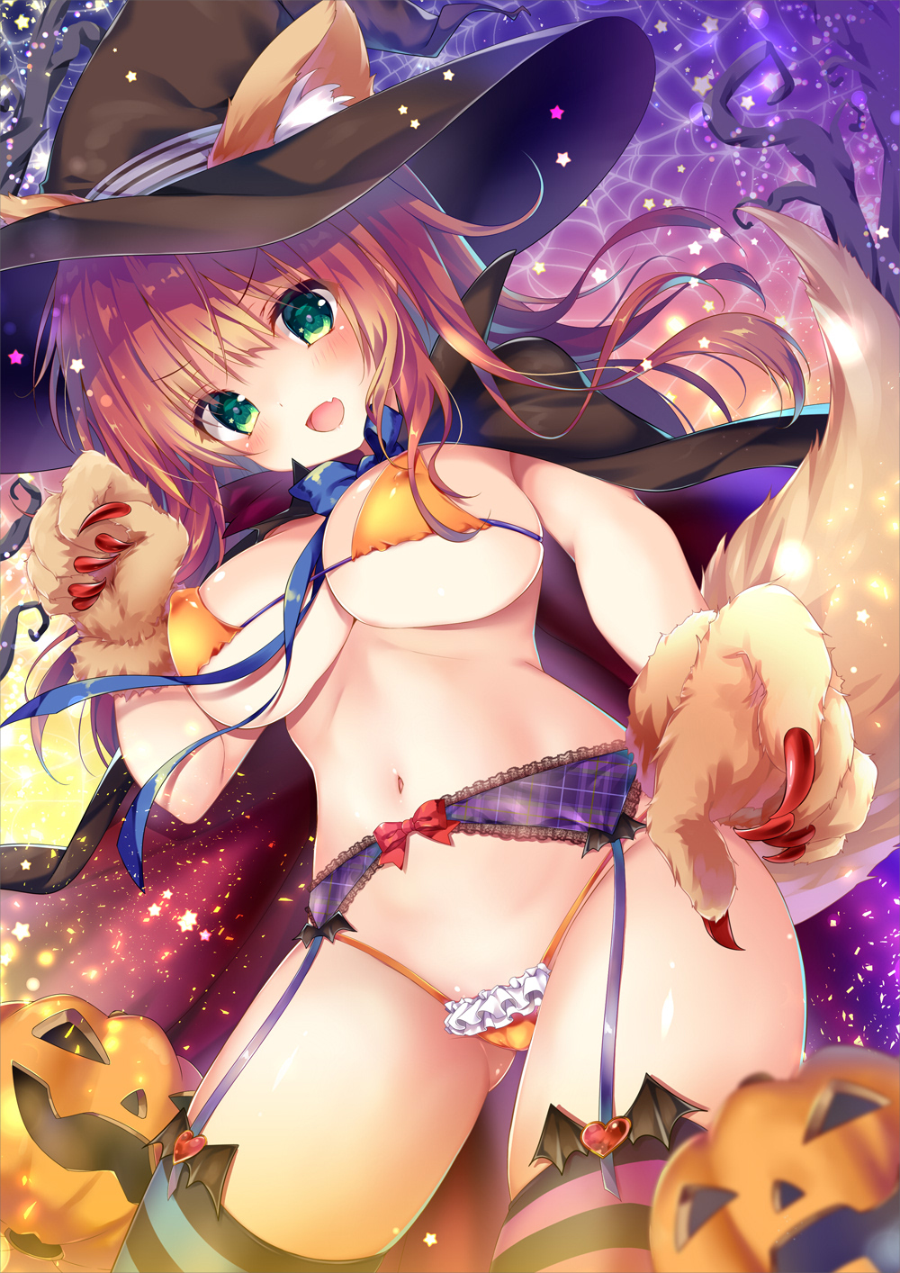 1girl animal_ears bikini breasts cameltoe cleavage covered_erect_nipples garter_straps green_eyes halloween halloween_costume hat highres kino_(kino_konomi) large_breasts looking_at_viewer navel open_mouth original pumpkin solo swimsuit tail thighhighs underboob witch witch_hat