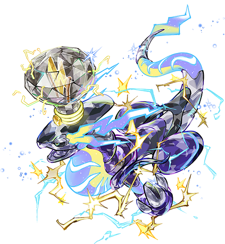 artist_request black_sclera claws colored_sclera electricity full_body lowres miraidon nintendo no_humans official_art open_mouth outline pokemon pokemon_(creature) pokemon_focus second-party_source solo sparkle terastallization transparent_background white_outline