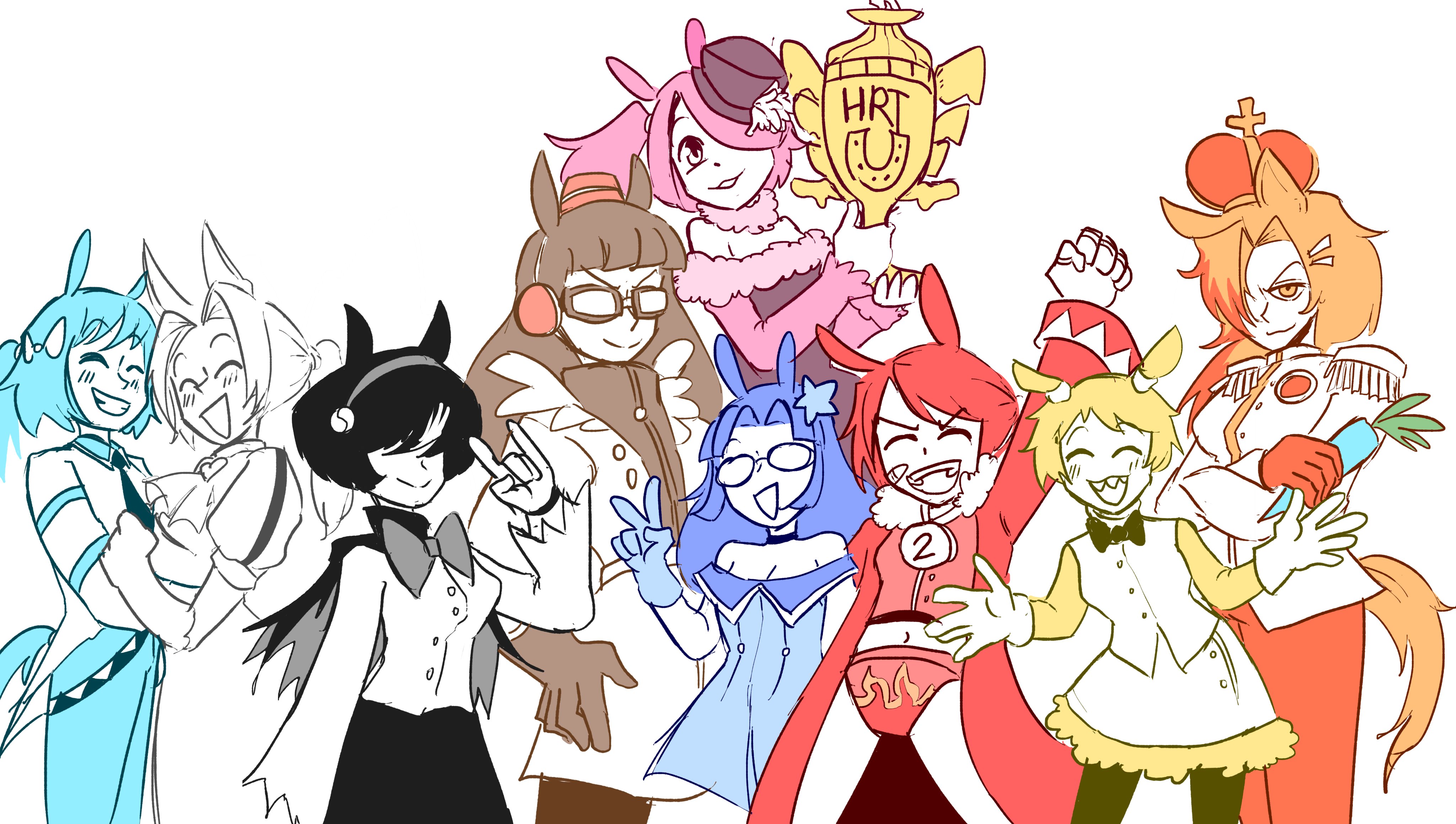 6+girls :3 \n/ absurdres animal_ears bandaid bandaid_on_face bare_shoulders belt black_bow black_dress black_gloves black_hair black_necktie black_stripes black_thighhighs blonde_hair blue_dress blue_gloves blue_hair blue_pants blush bow bracelet breasts brown_coat brown_hair bullet'n_board buttons carrot censored cleavage closed_eyes coat comely_material_morning_(horse_race_tests) cross crown cyan_(horse_race_tests) door_knob_(horse_race_tests) downtown_skybox dress earphones fez_hat flame_print fluffy_collar glasses gloves goggles grey_bow grey_eyes group_picture hair_ornament hair_over_eyes hair_over_one_eye hand_on_own_hip hand_up hat hat_feather high_collar highres holding holding_carrot holding_trophy horse_ears horse_race_tests horseshoe jacket jewelry jovial_merryment lightning_strikes_thrice long_hair long_sleeves looking_at_viewer medal medium_breasts midriff military_uniform multicolored_jacket multiple_girls navel necklace necktie no_pants orange_eyes orange_hair orange_tail outstretched_arms panties pants pink_hair pink_sleeves red_coat red_gloves red_hair red_panties red_pants red_shirt resolute_mind_afternoon sharp_teeth shirt short_hair shoulder_pads sign simple_background small_breasts smile smug star_(symbol) star_hair_ornament starlinkman striped_clothes striped_dress superstitional_realism teeth thighhighs trophy two-tone_dress two-tone_jacket underwear upper_body upper_teeth_only v vertical-striped_clothes vertical-striped_dress white_background white_bow white_coat white_dress white_hair white_shirt white_sleeves yellow_(horse_race_tests) yellow_sleeves