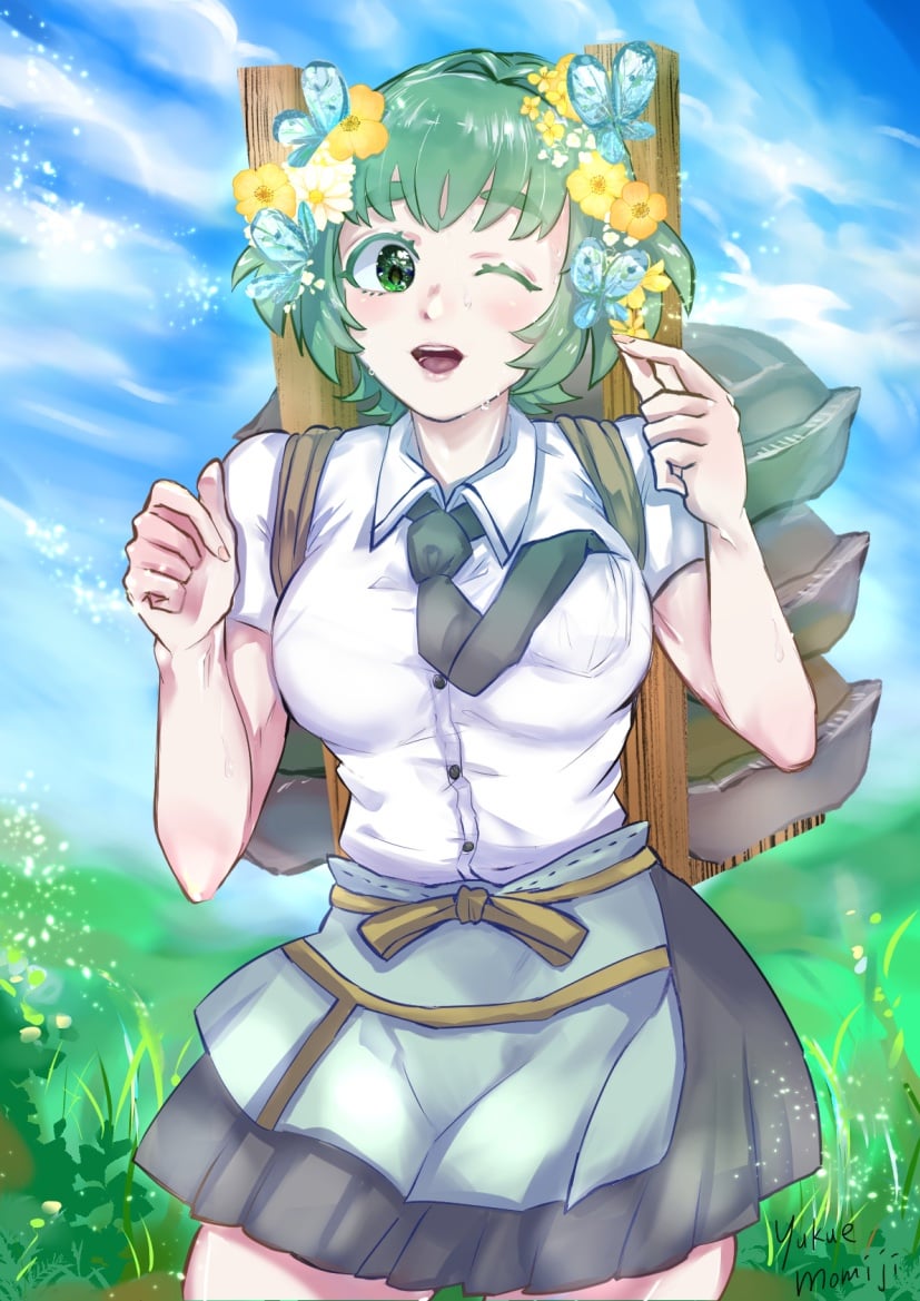 1girl apron black_skirt blue_sky blush flower flowers_in_hair garden green_eyes green_hair hands_up kimi_no_koto_ga_dai_dai_dai_dai_daisuki_na_100-nin_no_kanojo long_hair one_eye_closed open_mouth school_uniform shirt skirt sky smile white_shirt yasashiki_yamame