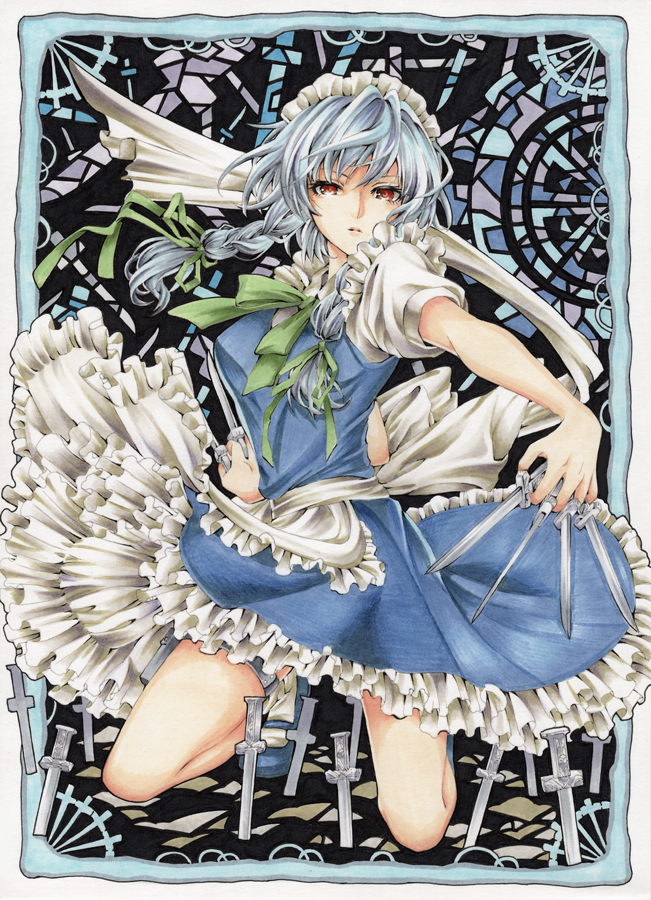 1girl apron bad_id bad_pixiv_id between_fingers black_background border bow braid female_focus frills hair_bow holding izayoi_sakuya kneeling knife looking_at_viewer maid_headdress mary_janes olmatown parted_lips planted red_eyes shoes short_hair silver_hair skirt skirt_set solo touhou twin_braids waist_apron weapon