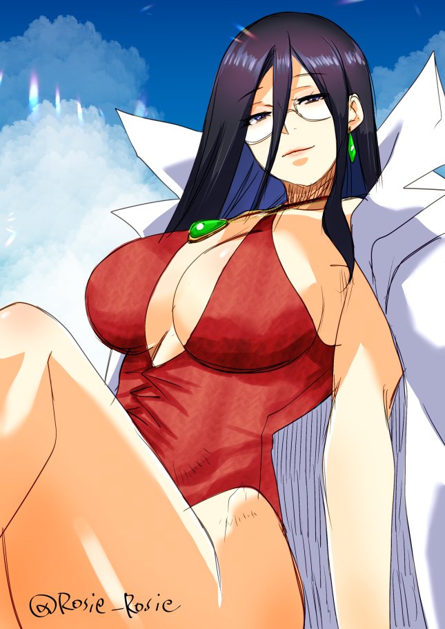1girl 2024 arm_support artist_name beach blue_eyes blue_hair breasts capcom cleavage coat coat_on_shoulders collarbone commentary criss-cross_halter day doctor earrings female_focus glasses hair_between_eyes half-closed_eyes halterneck jewelry justice_gakuen lab_coat large_breasts long_hair looking_at_viewer minazuki_kyouko necklace one-piece_swimsuit open_clothes outdoors red_one-piece_swimsuit rosie_rosie sidelocks sitting solo swimsuit thick_thighs thighs