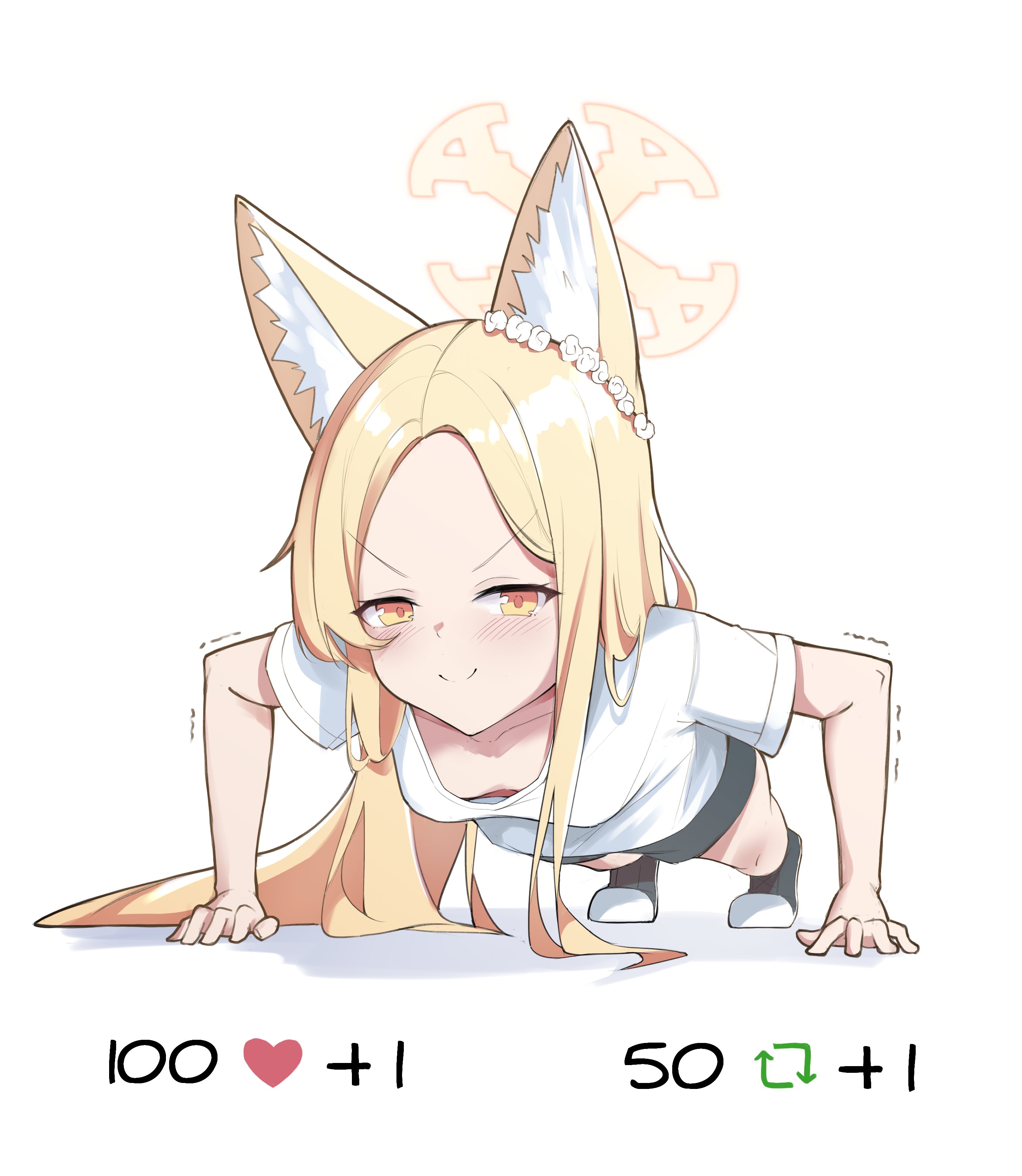 >:) 1girl absurdres all_fours alternate_costume animal_ear_fluff animal_ears black_shorts blonde_hair blue_archive blush breasts closed_mouth clover_dot_(clov_erd) commentary downblouse doyagao exercising flower_wreath forehead foreshortening fox_ears fox_girl gym_shirt gym_uniform hair_over_shoulder halo head_wreath highres long_hair looking_at_viewer parted_bangs push-ups seia_(blue_archive) shirt short_sleeves shorts simple_background small_breasts smile smug solo split_mouth trembling v-shaped_eyebrows white_background white_shirt yellow_eyes yellow_halo