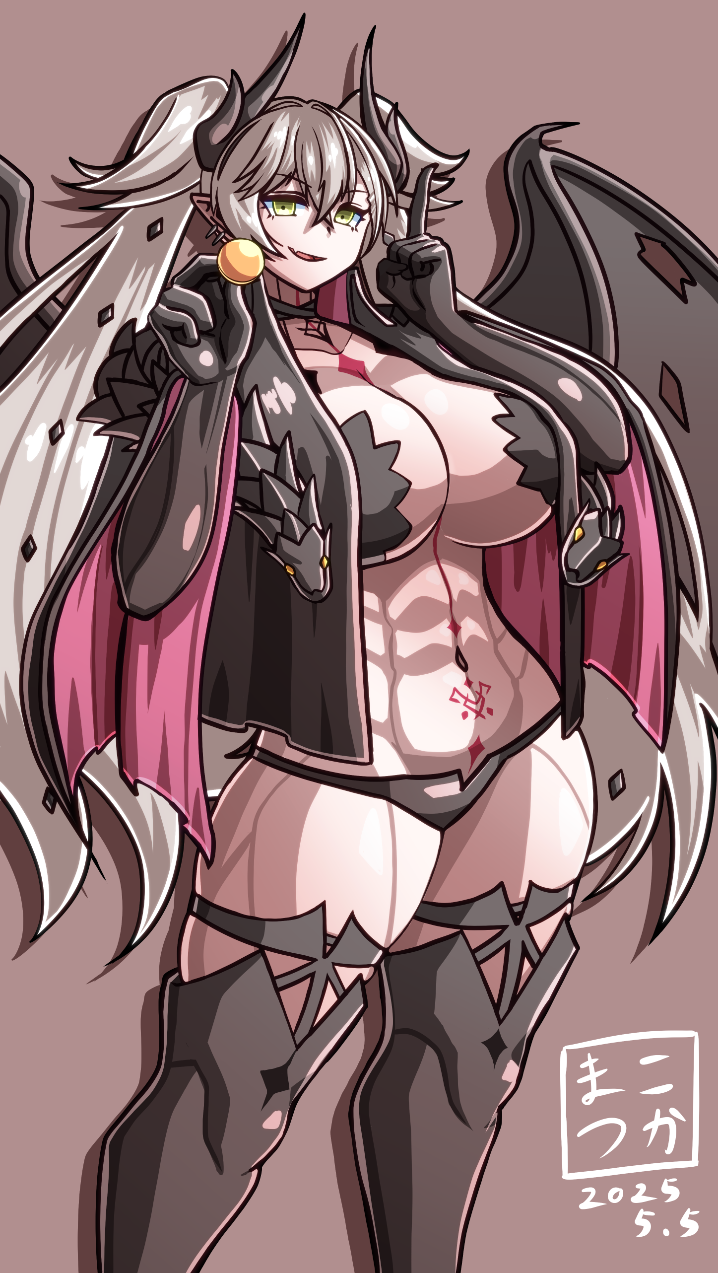 1girl abs absurdres black_cloak black_hands body_markings breasts cleavage cloak colored_extremities demon_girl demon_horns demon_wings fate/grand_order fate_(series) green_eyes grey_hair highres horns index_finger_raised lilith_(fate) long_hair looking_at_viewer makotsuka navel open_mouth pointy_ears smile solo stomach_tattoo tattoo thick_thighs thighs toned twintails very_long_hair wings