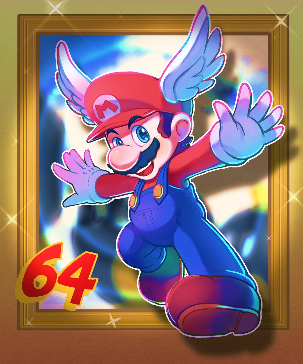 1boy blue_eyes blue_overalls bob-omb boots brown_footwear co_co_mg facial_hair gloves hat highres male_focus mario mario_(series) mustache nintendo open_mouth overalls red_headwear red_shirt shirt super_mario_64 teeth upper_teeth_only white_gloves wing_cap wing_mario