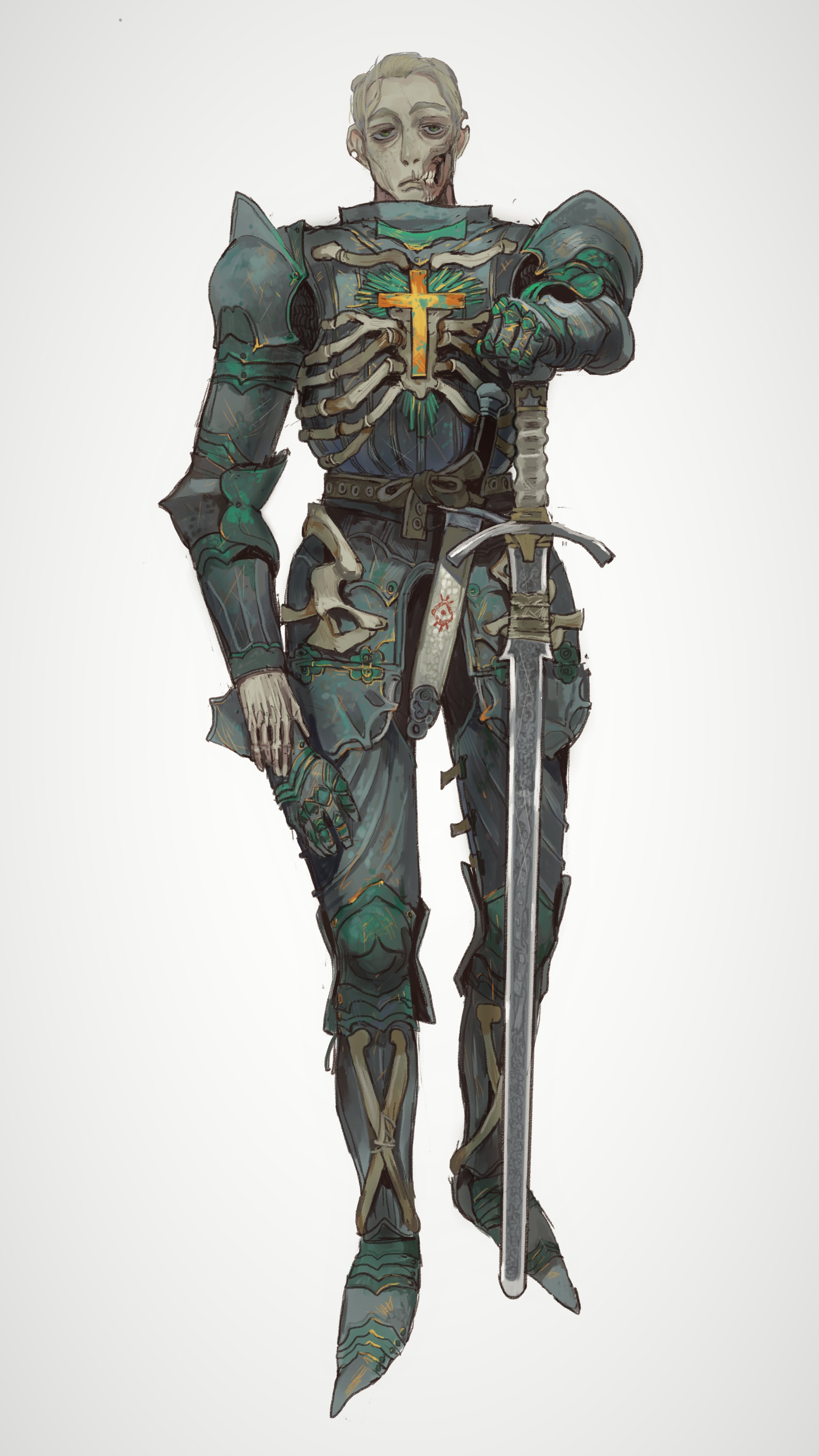 1boy absurdres armor blonde_hair boots breastplate closed_mouth cross dark_knight gauntlets glasgow_smile greaves green_eyes highres holding holding_sword holding_weapon knight latin_cross looking_at_viewer male_focus armored_boots mossacannibalis notched_ear original pauldrons short_hair shoulder_armor simple_background solo standing sword weapon white_background