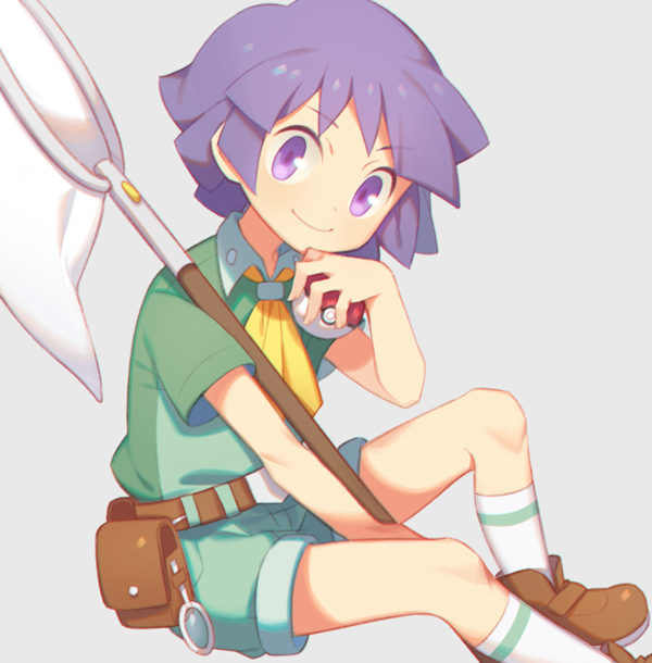 1boy belt belt_buckle belt_pouch brown_belt brown_shoes buckle bugsy_(pokemon) butterfly_net collared_shirt commentary_request from_side green_shirt green_shorts hand_net hand_up head_tilt holding holding_butterfly_net holding_poke_ball kneehighs knees looking_at_viewer magnifying_glass male_focus neckerchief nintendo poke_ball poke_ball_(basic) pokemon pokemon_hgss pouch purple_eyes purple_hair shirt shoes short_hair short_sleeves shorts simple_background sitting socks solo white_background wusagi2 yellow_neckerchief