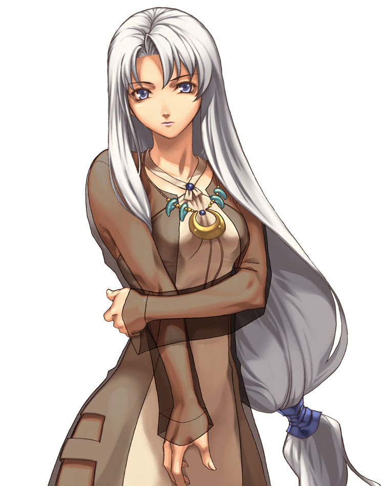 1girl coat crescent crescent_moon dress female_focus grey_eyes jewelry little_snow long_hair low-tied_long_hair moon necklace official_art see-through_clothes simple_background solo spectral_(series) spectral_force white_background white_hair