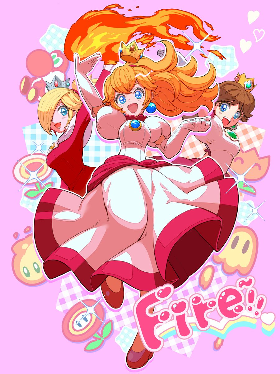 3girls blonde_hair blue_eyes brooch brown_hair co_co_mg crown dress earrings elbow_gloves fire fire_daisy fire_flower fire_peach fire_rosalina gloves hair_over_one_eye highres jewelry long_hair mario_(series) mini_crown multiple_girls nintendo ponytail princess_daisy princess_peach red_dress rosalina sphere_earrings white_dress white_gloves