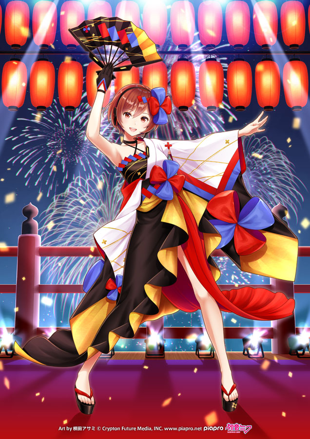 1girl aerial_fireworks arm_up black_dress black_gloves blue_bow bow brown_eyes brown_hair commentary criss-cross_halter dress fireworks folding_fan full_body gloves hair_bow halterneck hand_fan headphones holding holding_fan kirita_asami lantern looking_at_viewer magical_mirai_(vocaloid) magical_mirai_meiko magical_mirai_meiko_(2020_summer) meiko_(vocaloid) night official_art open_mouth red_bow sandals short_hair single_glove single_sleeve smile solo spotlight standing two-tone_bow vocaloid wide_sleeves zouri