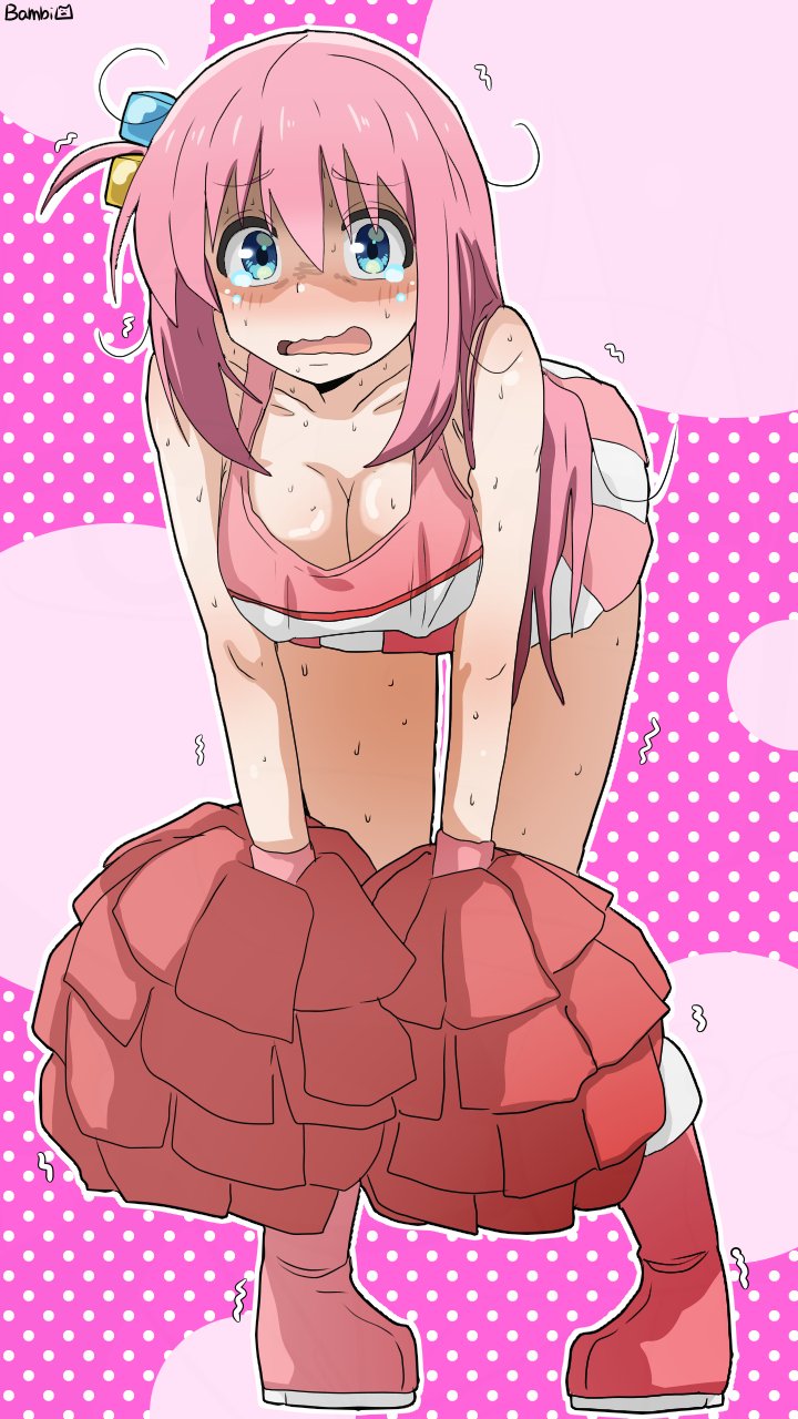 1girl ahoge bambi2000line bare_shoulders blue_eyes blush bocchi_the_rock! boots breasts cheerleader covered_erect_nipples crying cube_hair_ornament exhausted gotoh_hitori hair_ornament hand_on_own_knee highres large_breasts leaning_forward long_hair looking_at_viewer multicolored_tank_top open_mouth pink_background pink_boots pink_skirt pink_tank_top skirt solo sweat tank_top thighs tongue two-tone_background two-tone_skirt wavy_mouth white_skirt white_tank_top