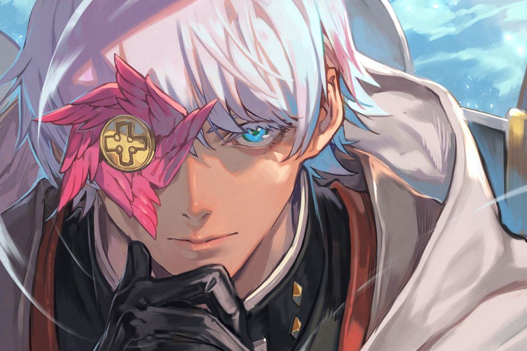 1boy asuka_r._kreutz black_gloves blue_eyes gloves guilty_gear guilty_gear_strive hungry_clicker male_focus one_eye_covered short_hair solo upper_body white_hair