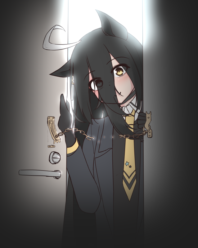 1girl ahoge animal_ears black_choker black_coat black_gloves black_hair black_shirt breaking choker closed_mouth coat collared_shirt commentary_request door_chain doorway gloves hair_between_eyes hands_up head_tilt horse_ears horse_girl huru2 long_bangs long_hair_between_eyes long_sleeves looking_at_viewer manhattan_cafe_(umamusume) multicolored_hair necktie open_clothes open_coat shirt single_ear_down smile solo umamusume white_hair yellow_eyes yellow_necktie