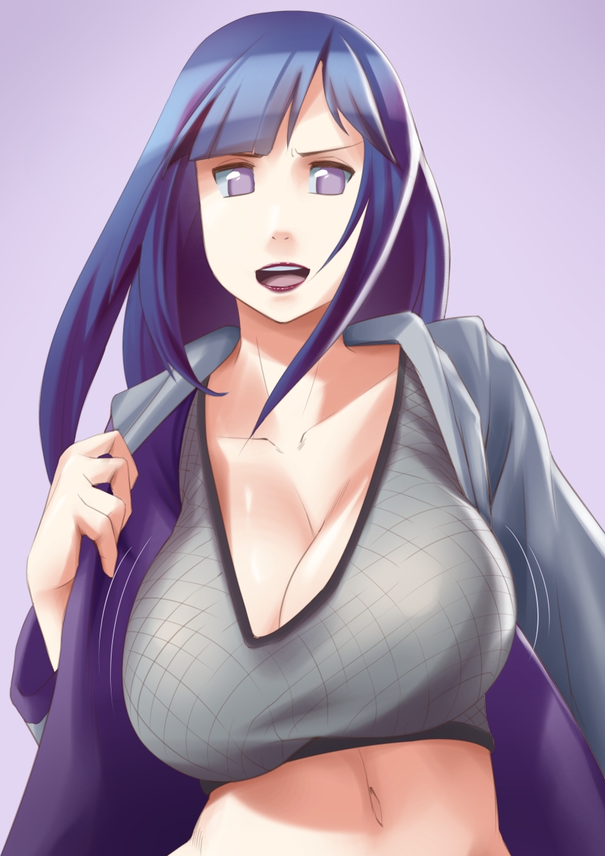 1girl blue_hair bouncing_breasts breasts cleavage collarbone female_focus fishnets highres hood hoodie huge_breasts hyuuga_hinata lipstick long_hair makeup maydrawfag midriff naruto:_road_to_ninja naruto_(series) naruto_shippuuden navel no_bra open_clothes open_hoodie open_mouth purple_eyes solo unaligned_breasts undressing