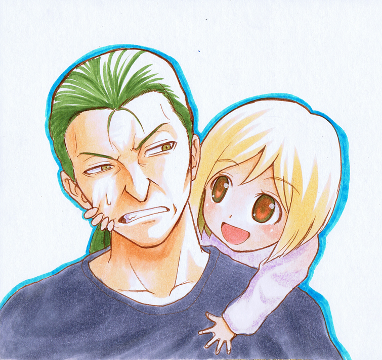 07th_expansion 1boy 1girl annoyed blonde_hair blush brown_eyes child green_hair hand_on_another&#039;s_cheek hand_on_another&#039;s_face higurashi_no_naku_koro_ni looking_at_another no_naku_koro_ni_(series) okonogi_tetsurou open_mouth ponytail shiganai_might short_hair smile sweatdrop takano_miyo tanashi_miyoko teeth traditional_media