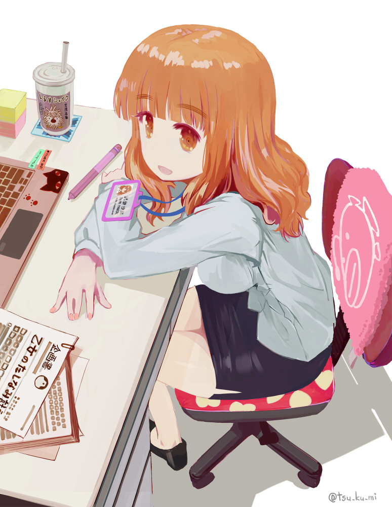 1girl alternate_costume anglerfish araippe bare_legs black_shoes black_skirt blouse blunt_bangs chair commentary computer cup desk disposable_cup dress_shirt emblem fish from_side girls_und_panzer id_card japanese_tankery_league_(emblem) lanyard laptop leaning_forward long_hair long_sleeves looking_at_viewer miniskirt office_chair office_lady on_chair open_mouth orange_eyes orange_hair pen pencil_skirt shirt shoes side_slit sitting skirt smile solo sticky_note swivel_chair takebe_saori twitter_username white_background white_shirt yurikuta_tsukumi
