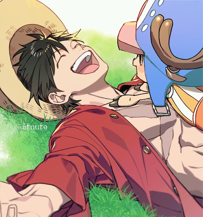 2boys 6tnut9 ^_^ antlers black_hair closed_eyes hat hood horns lying lying_on_person male_focus monkey_d._luffy multiple_boys on_back one_piece open_clothes open_mouth open_shirt red_shirt reindeer_antlers scar scar_on_chest scar_on_face shirt short_hair smile striped_clothes striped_shirt tony_tony_chopper twitter_username vertical-striped_clothes vertical-striped_shirt