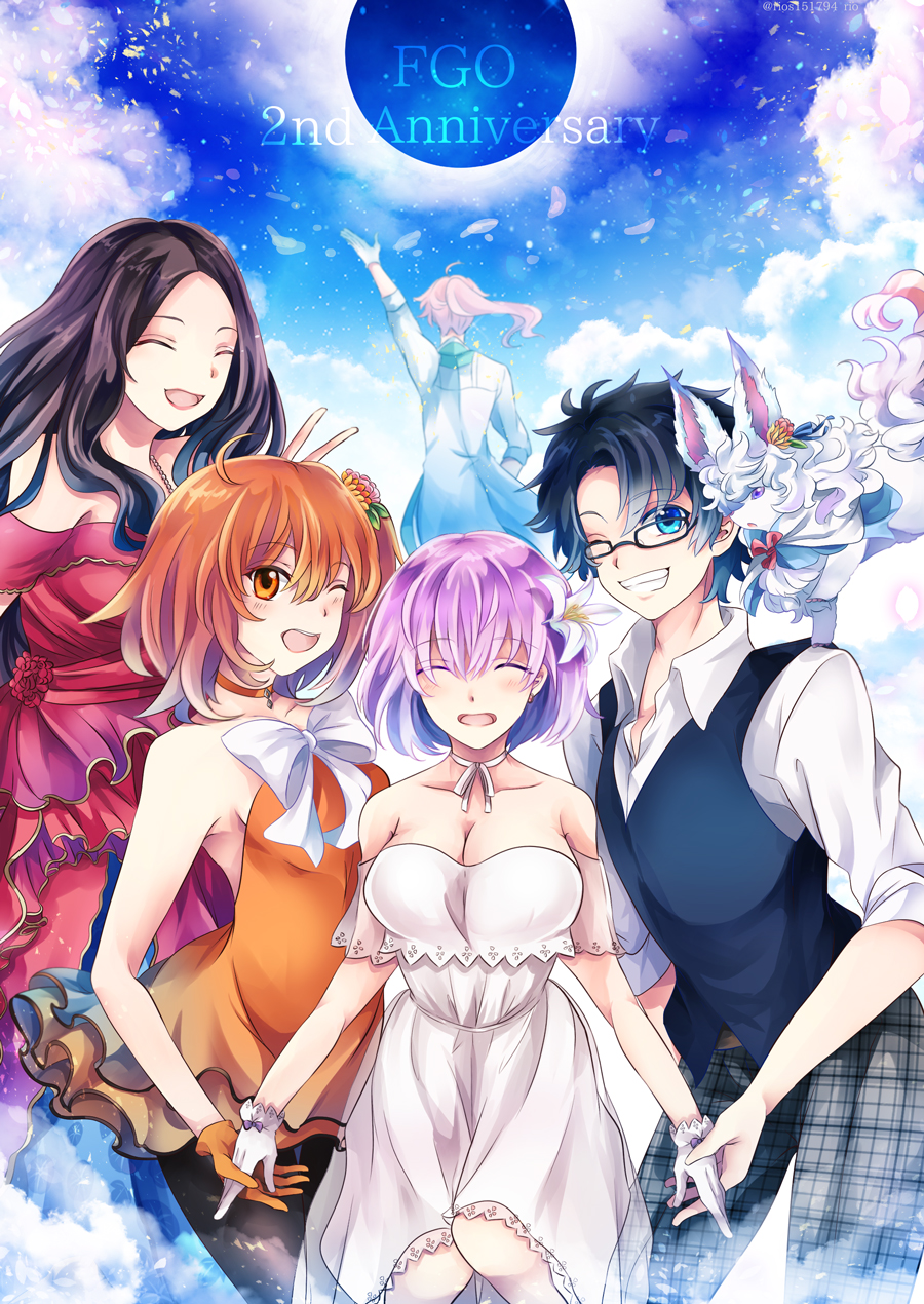 2boys 3girls ;d arm_up black_hair black_pantyhose blush bow breasts choker cleavage closed_eyes collarbone copyright_name dress fate/grand_order fate_(series) floating_hair flower fou_(fate) fujimaru_ritsuka_(female) fujimaru_ritsuka_(female)_(starlight_fest) fujimaru_ritsuka_(male) fujimaru_ritsuka_(male)_(starlight_fest) glasses gloves grin hair_between_eyes hair_flower hair_ornament highres holding_hands large_breasts layered_dress leonardo_da_vinci_(fate) leonardo_da_vinci_(formal_dress)_(fate) long_hair mash_kyrielight mash_kyrielight_(formal_dress) multiple_boys multiple_girls official_alternate_costume one_eye_closed one_side_up open_mouth orange_dress orange_eyes orange_gloves orange_hair pantyhose ponytail purple_hair red_dress ribbon ribbon_choker romani_archaman shirt short_dress short_hair sleeveless sleeveless_dress smile strapless strapless_dress suika_(rios151794) v white_bow white_dress white_flower white_gloves white_ribbon white_shirt