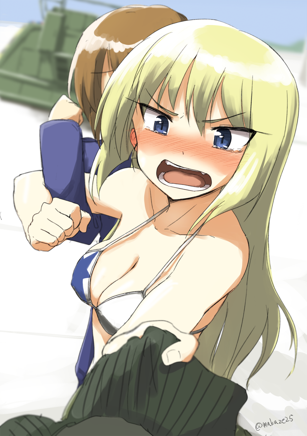 &gt;:d 2girls :d artist_name bikini blonde_hair blue_eyes blurry blurry_background blush breasts cleavage clenched_hand clothes_grab collarbone highres jennifer_j_deblanc looking_at_viewer makaze_(t-junction) marian_e._carl medium_breasts military military_vehicle motor_vehicle multiple_girls noble_witches open_mouth pov smile strike_witches swimsuit tank tears teeth upper_body v-shaped_eyebrows vehicle world_witches_series