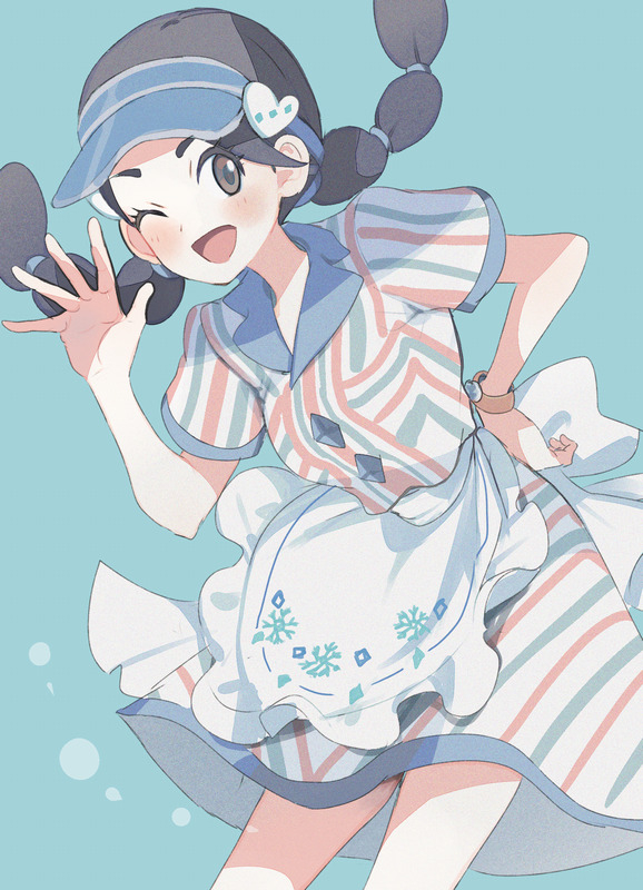 1girl ;d apron blue_hat blush bracelet brown_eyes candice_(palentine&#039;s_2024)_(pokemon) candice_(pokemon) collared_dress commentary_request dress eyelashes hand_on_own_hip happy hat jewelry leaning multi-tied_hair mxkjxm_(nhss2337) nintendo official_alternate_costume one_eye_closed open_mouth pokemon pokemon_masters_ex short_sleeves smile solo tongue twintails visor_cap waist_apron white_apron