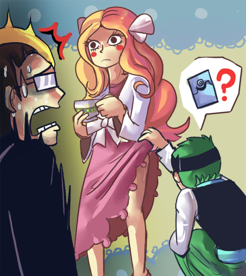 ? angry aqua_eyes blonde_hair blush brown_hair caitlin_(pokemon) clothes_lift cup darach_(pokemon) frontier_brain glasses kneeling long_hair nintendo pokemon pokemon_dppt pokemon_platinum skirt skirt_lift sweat teacup thorton_(pokemon) wavy_hair