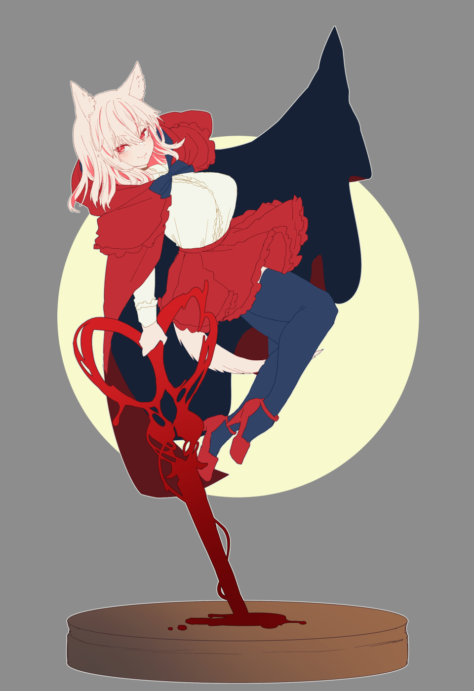 1girl animal_ear_fluff animal_ears blonde_hair blood blue_bow blue_thighhighs blush bow capelet cloak closed_mouth eyes_visible_through_hair figure_stand frilled_capelet frilled_skirt frills full_moon grey_background hair_between_eyes hemokinesis high_heels highres holding holding_scissors holding_weapon hood hood_down hooded_capelet little_red_riding_hood_(fairy_tale) little_red_riding_hood_(fairy_tale_character) looking_at_viewer medium_hair moon multicolored_cloak multicolored_clothes multicolored_hair original oshiruko_(tsume) outline red_capelet red_cloak red_eyes red_footwear red_hair red_skirt scissors simple_background skirt smile solo streaked_hair tabletop_rpg tail thighhighs two-tone_cloak weapon white_outline wolf_ears wolf_girl wolf_tail