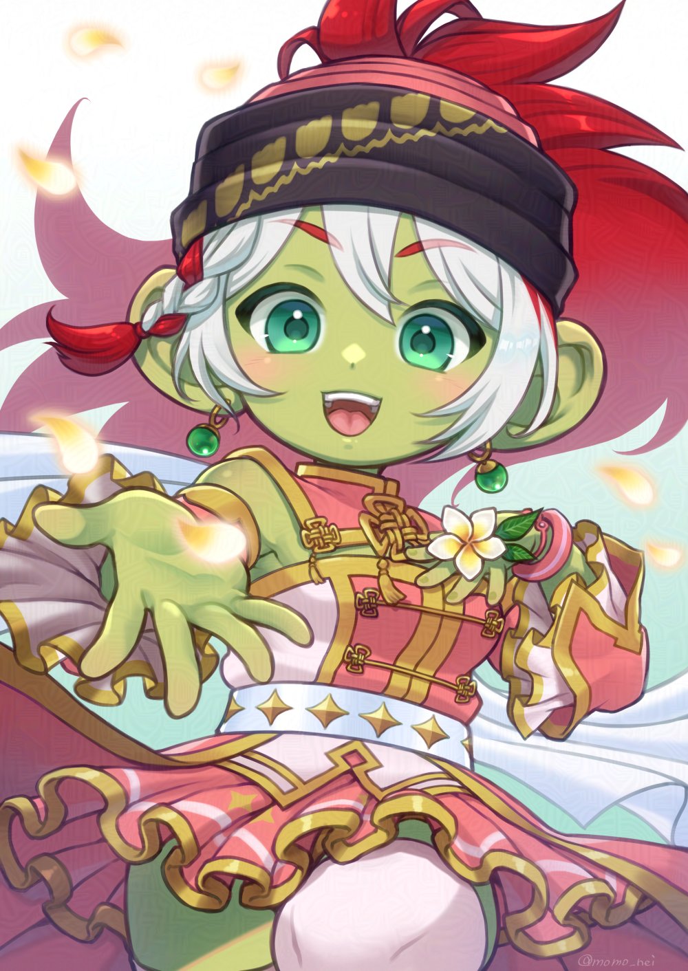 1girl :d aqua_eyes black_headband bracelet braid colored_skin commentary_request commission cowboy_shot detached_sleeves dragon_quest dragon_quest_x dress dwarf_(dq10) earrings floating_clothes floating_hair flower_request frills gradient_background green_background green_skin headband highres jewelry knee_up large_ears looking_at_viewer momo_nei multicolored_hair open_mouth petals pink_dress ponytail reaching reaching_towards_viewer red_hair single_braid smile solo sphere_earrings thighhighs twitter_username white_background white_hair white_thighhighs zettai_ryouiki