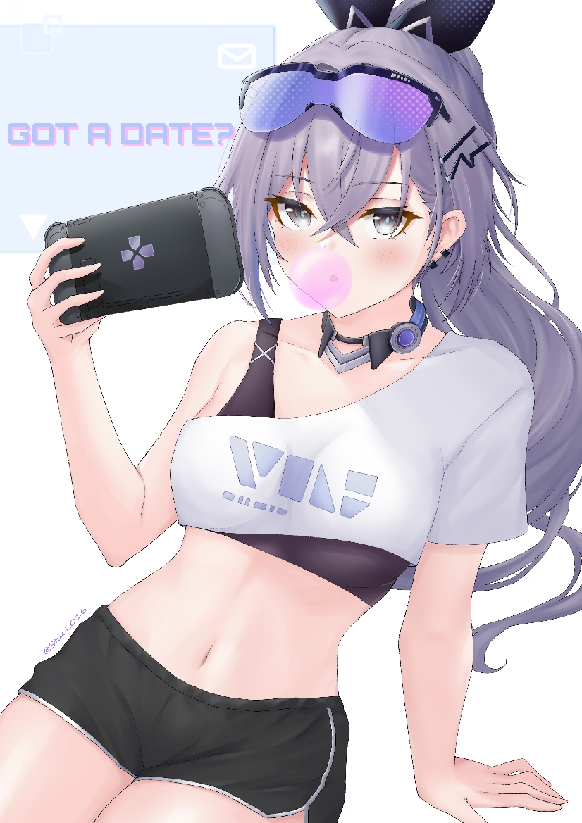 1girl black_ribbon black_shorts black_sports_bra blowing_bubble_gum blowing_bubbles blush chewing_gum choker commentary crop_top eyewear_on_head grey_eyes grey_hair hair_ornament hair_ribbon hairclip holding honkai:_star_rail honkai_(series) long_hair looking_at_viewer midriff navel ribbon shirt short_shorts shorts silver_wolf_(honkai:_star_rail) single-shoulder_shirt single_bare_shoulder single_sleeve solo sports_bra stack016 stomach sunglasses very_long_hair white_shirt