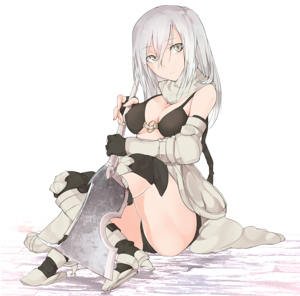 1girl armor axe bikini bikini_armor bikini_top_only black_bikini black_gloves black_thighhighs breasts cleavage cleaver closed_mouth commentary_request elbow_gloves expressionless fingerless_gloves full_body gloves greaves grey_eyes grey_hair hair_between_eyes holding holding_axe long_hair looking_at_viewer mechanic_(ragnarok_online) medium_breasts o-ring o-ring_top ragnarok_online sitting solo swimsuit thighhighs tugmix vambraces white_hair