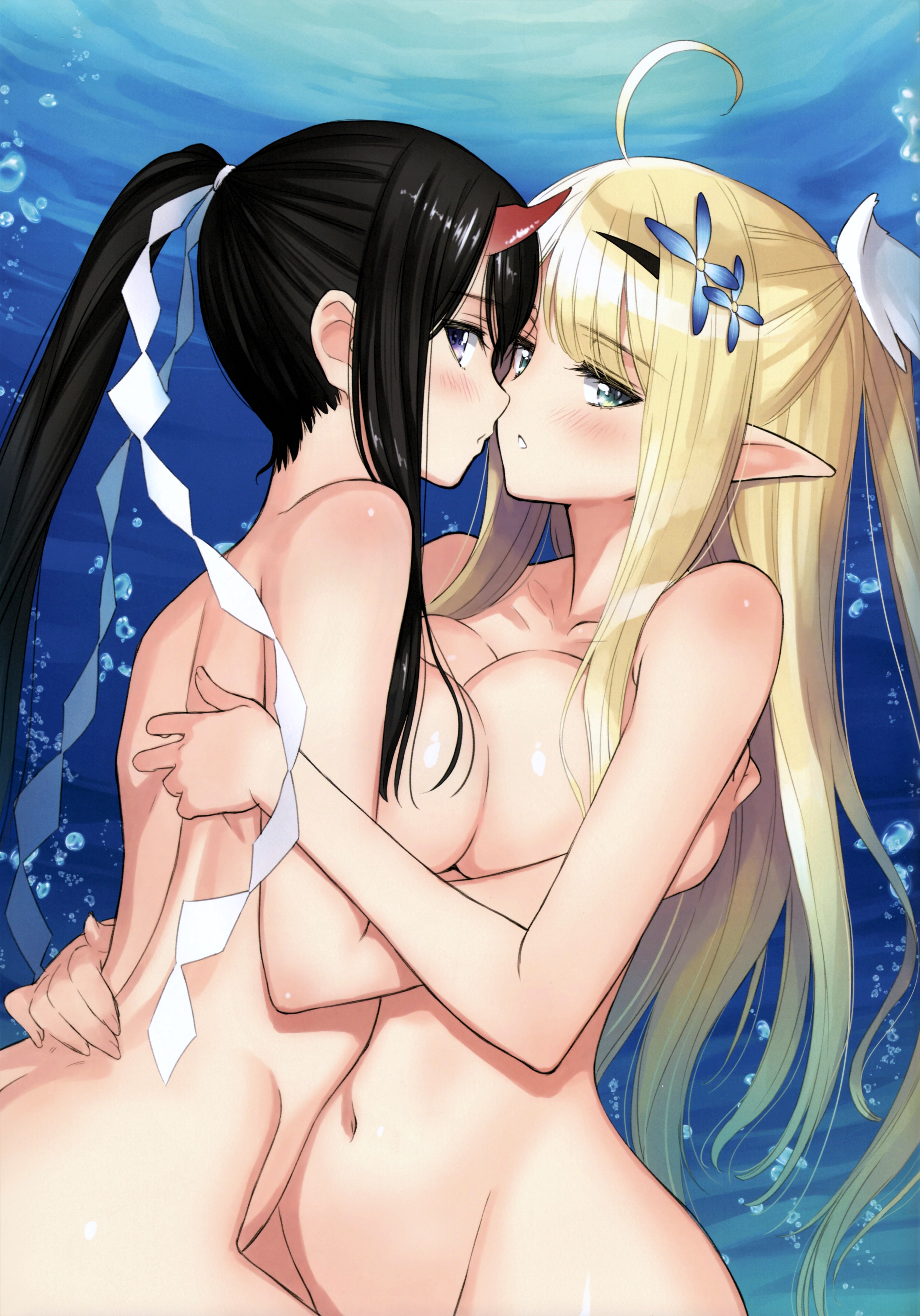 2girls absurdres ahoge azur_lane bare_arms bare_shoulders black_hair blonde_hair blue_eyes blush breast_press breasts centaur_(azur_lane) collarbone completely_nude green_eyes hair_ornament highres horns hug imminent_kiss long_hair looking_at_viewer multiple_girls nude parted_lips pointy_ears ponytail ryuuhou_(azur_lane) scan shiny_skin simple_background stomach symmetrical_docking tony_taka topless_female yuri