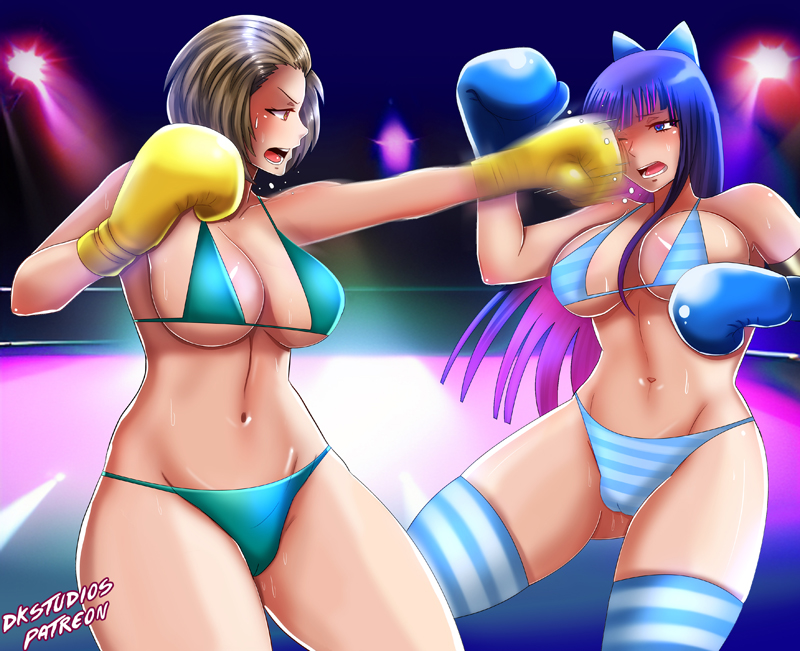 2girls areola_slip artist_name bare_shoulders bikini blue_bikini blue_bow blue_eyes blue_gloves blue_hair blue_thighhighs blush bow bow-shaped_hair boxing boxing_gloves boxing_ring breasts brown_eyes brown_hair cameltoe cleavage dkstudios05 eyeliner fighting fighting_stance fire_emblem fire_emblem:_three_houses gloves green_bikini hair_ornament intelligent_systems large_breasts lips makeup manuela_casagranda multiple_girls navel nintendo panty_&amp;_stocking_with_garterbelt patreon pink_hair pink_lips pixiv shiny_clothes shiny_skin short_hair sideboob stocking_(psg) striped_bikini striped_clothes striped_thighhighs sweat swimsuit teeth thick_thighs thighhighs thighs tongue underboob violence wide_hips yellow_gloves