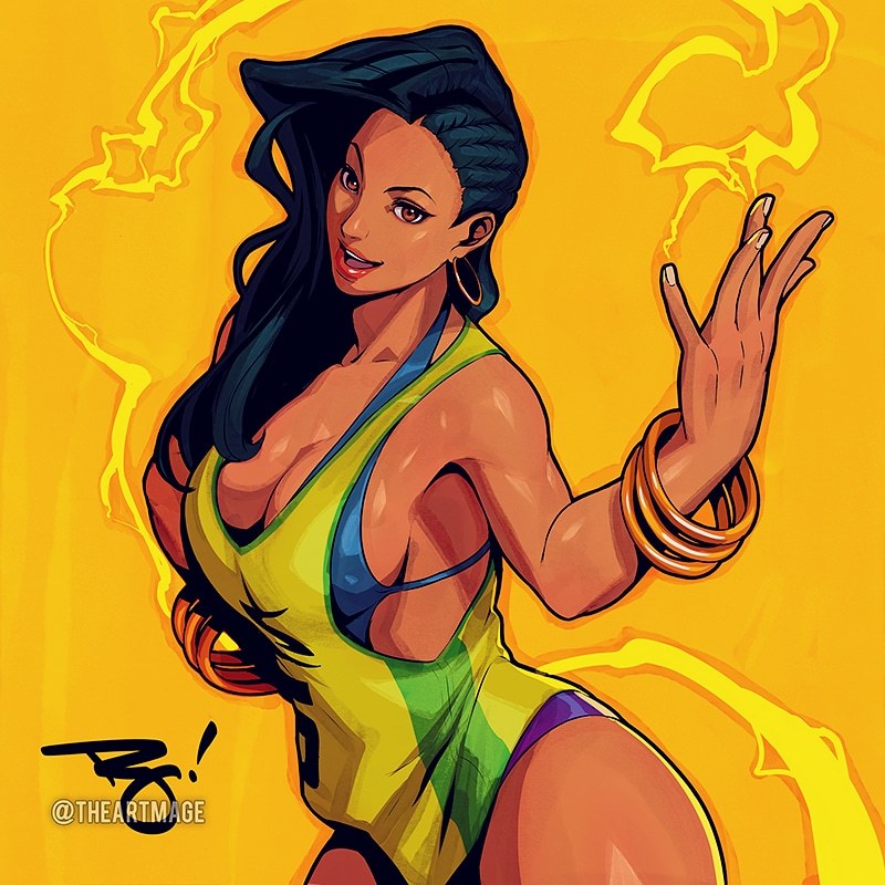 1girl asymmetrical_hair bangle bikini black_hair blue_bikini bracelet breasts cleavage contrapposto cornrows dark-skinned_female dark_skin earrings electricity eyeliner fingernails hand_on_own_hip hoop_earrings inktober jersey jewelry large_breasts laura_matsuda lipstick long_hair looking_at_viewer makeup nose official_alternate_costume open_mouth red_lips sideboob signature smile solo standing street_fighter street_fighter_v swimsuit teeth the_art_mage thick_thighs thighs twitter_username upper_teeth_only yellow_background