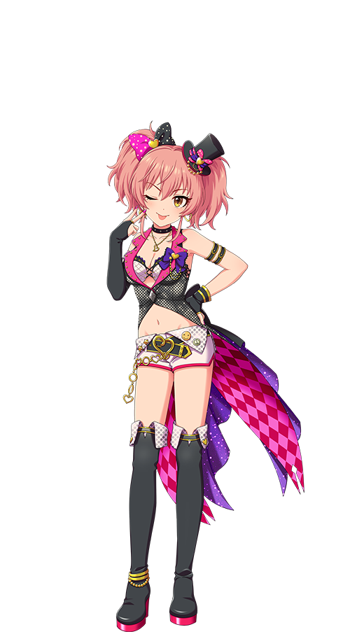 1girl armband belt boots bow breasts choker cleavage fingerless_gloves full_body gloves hand_on_own_hip hat high_heel_boots high_heels idol_clothes idolmaster idolmaster_cinderella_girls idolmaster_cinderella_girls_starlight_stage jewelry jougasaki_mika midriff mini_hat navel necklace official_art one_eye_closed pink_hair short_shorts shorts solo thigh_boots tongue tongue_out transparent_background twintails v yellow_eyes