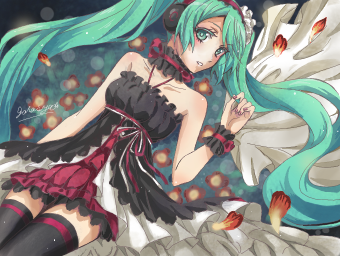 1girl 7th_dragon_(series) 7th_dragon_2020 7th_dragon_2020-ii black_dress black_thighhighs blurry bokeh bow choker commentary_request cowboy_shot depth_of_field dress floro_(7th_dragon) flower frilled_choker frilled_cuffs frilled_dress frills garasya green_eyes green_hair hand_up hatsune_miku headphones layered_dress long_hair looking_at_viewer lying on_back parted_lips partial_commentary petals pink_nails red_bow red_ribbon ribbon signature solo thighhighs vocaloid white_ribbon zettai_ryouiki