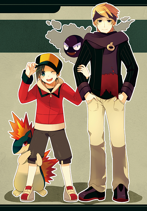 2boys black_eyes black_hair black_shirt black_shorts blonde_hair blue_eyes brown_pants commentary_request ethan_(pokemon) full_body gastly gen_1_pokemon gen_2_pokemon hat himari_g_(sr) jacket long_sleeves male_focus morty_(pokemon) multiple_boys nintendo pants pokemon pokemon_(creature) pokemon_hgss purple_eyes quilava red_eyes red_jacket shirt shorts smile standing